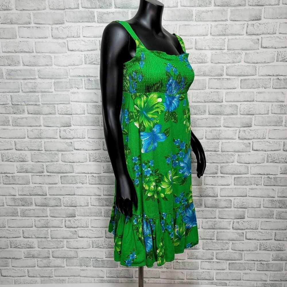 Vintage Hibiscus Floral Smocked Bodice Ruffle Hem Sundress Midi Tank Dress - Picture 3 of 6